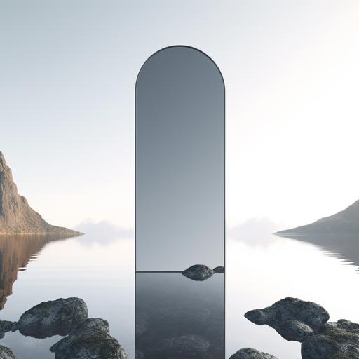 mirror in nature, high resolution, against the background of a scandinavian lake, in the reflection of an animal temple, octane render, photorealistic, beautiful atmosphere, 8k