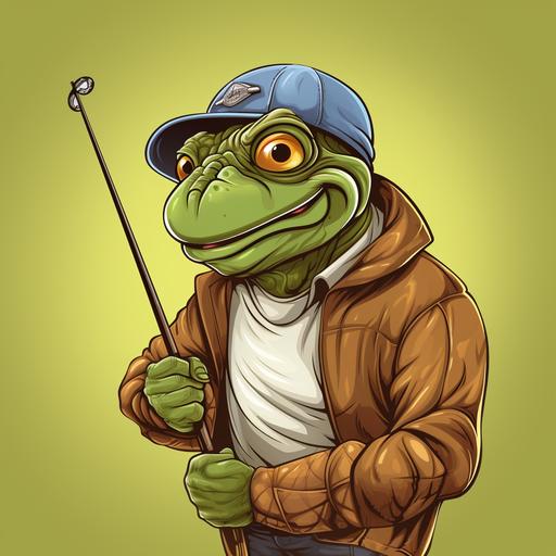 mischevious fisherman that looks like a turtle, eye brow raised, conniving, holding fishing rod, cartoon style, logo style