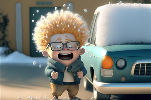 mischievious boy, spiky golden hair laughing after building 8 snowmen behind his dads car in the driveway so he cant leave for work cartoon, ((Pixar Animation Style 3D),[Cute] , 8K [MAN], Funny, (( artstation)) [extremely detailed light and shadow],[glasses],intricate details, full body, volumetric lighting, dynamic pose, character in the style of Pixar --v 4 --v 4 --ar 3:2