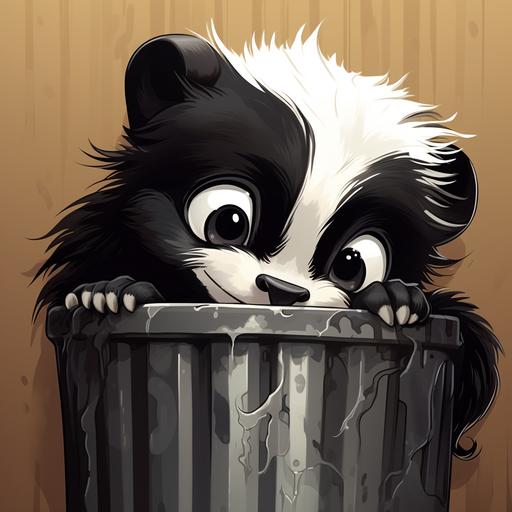 mischievous skunk peeking out of a trash can, cartoon style --v 5.2