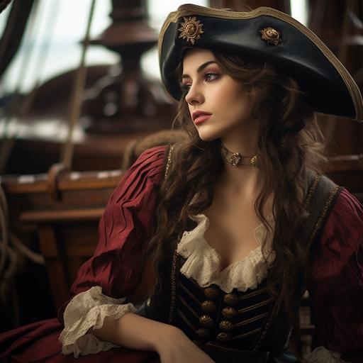 miss scagliola pirate of the seven thousand inner mental seas, in her best regency era dress swashbucklerladycore and probably sapphic too in leather