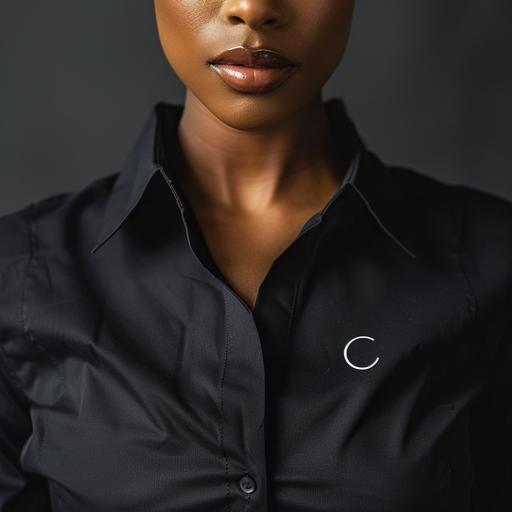 Add this logo to a shirt , black work shirt, close up, light skinned black woman model, great lighting, white logo on black shirt, exact logo C:\Users\lepan\Downloads\Lepang luxury logo White (1).png high resolution --v 6.0