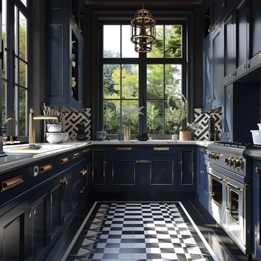 a navy blue cabinetry kitchen with white stone counters and gold accents, luxury tradtional style stive l'atelier style, black and white and grey geometric floor, sunlught coming through window, dark brown wood accents --v 6.0