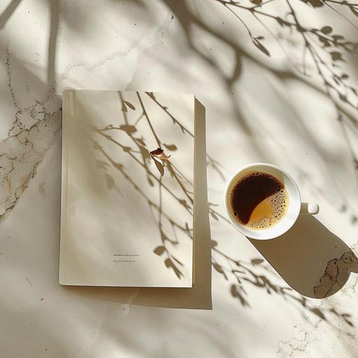 blank white horizontal magazine mockup sitting on cream travertine surface with cup of coffee and small plant studio, sunny, tree shadows --v 6.0 --chaos 25