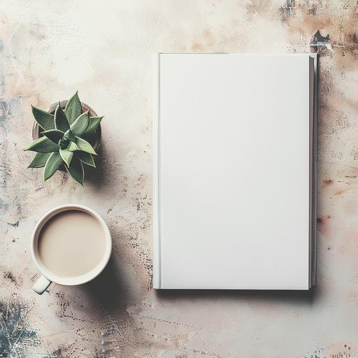 blank white horizontal magazine mockup sitting on cream travertine surface with cup of coffee and small plant studio --v 6.0 --chaos 25