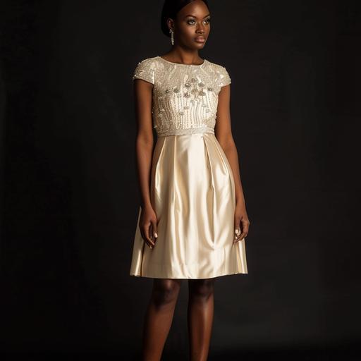 cream SATIN color dress, diamantes and silver sequin accents, straight cut calf length, classic vintage style, subtle folds in dress, light skinned african american woman, straight hair tied back, minimal diamond studs, gold open toe heels, dark background studio shoot, warm natural light, like a jill sander dress, simple, elegant, modest dress, models is standing --v 6.0