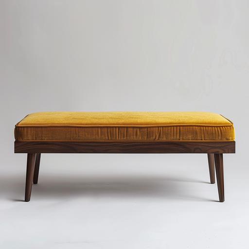 double length ottoman bench, dark wood legs, gold-mustard luxury fabric, modern, minimal, elegant, white background studio shoot, product shoot --v 6.0