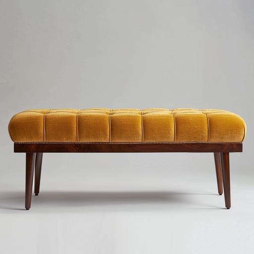 double length ottoman bench, dark wood legs, gold-mustard luxury fabric, modern, minimal, elegant, white background studio shoot, product shoot