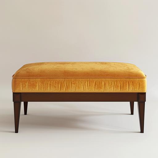 double length ottoman bench, dark wood legs, gold-mustard luxury fabric, modern, minimal, elegant, white background studio shoot, product shoot --v 6.0