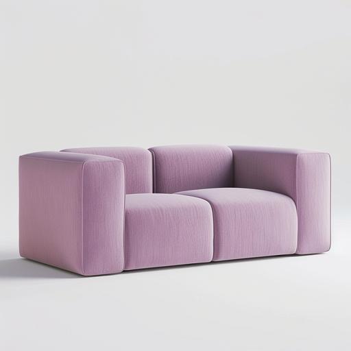 light lilac color 2 seater sofa, modern, fabric, stiff soft seating, modular base, white background studio shoot with cool light product shoot of sofa --v 6.0
