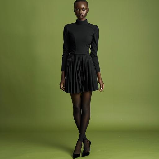 long black tight dress, box pleats after the hips, stiff luxury suiting fabric, 3/4 sleeves up to elbows, box pleats after elbows, mature modest, high neck, african light skinned model with short straight black hair and soft face, minimal jewelry, black pointed tpes shoes, wearing black stockings, studio shoot with baby green background, warm light, photorealistic