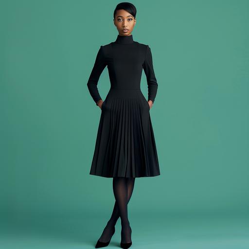 long black tight dress, box pleats after the hips, stiff luxury suiting fabric, 3/4 sleeves up to elbows, box pleats after elbows, mature modest, high neck, african american light skinned model with short straight black hair and soft face, standing, minimal jewelry, black pointed tpes shoes, wearing black stockings, studio shoot with baby green background, warm light, photorealistic