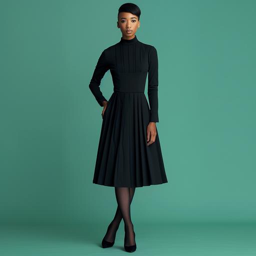 long black tight dress, box pleats after the hips, stiff luxury suiting fabric, 3/4 sleeves up to elbows, box pleats after elbows, mature modest, high neck, african american light skinned model with short straight black hair and soft face, standing, minimal jewelry, black pointed tpes shoes, wearing black stockings, studio shoot with baby green background, warm light, photorealistic