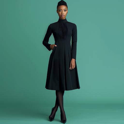 long black tight dress, box pleats after the hips, stiff luxury suiting fabric, 3/4 sleeves up to elbows, box pleats after elbows, mature modest, high neck, african american light skinned model with short straight black hair and soft face, standing, minimal jewelry, black pointed tpes shoes, wearing black stockings, studio shoot with baby green background, warm light, photorealistic --v 6.0