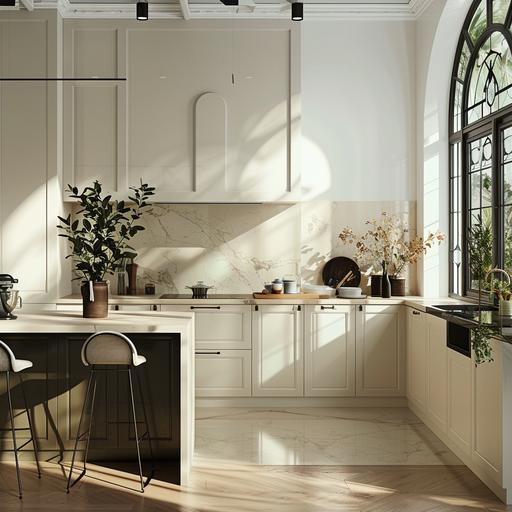 off-white minimaal modern traditional kitchen cabinetry and off whote walls, blavck stome counter top, old accessories, open plan, elegant space --v 6.0