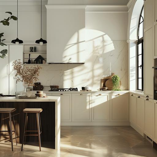 off-white minimaal modern traditional kitchen cabinetry and off whote walls, blavck stome counter top, old accessories, open plan, elegant space --v 6.0