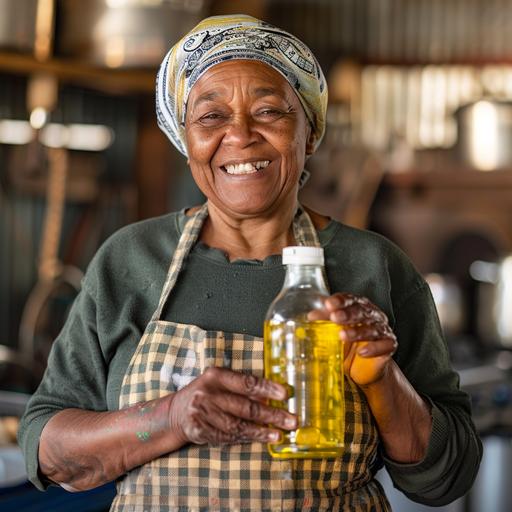 older woman wearing an apron holding a clean bottle of canola oil with a white lid, smiling, black woman, real looking, wearing a head scarf, warm imagine, epic shot