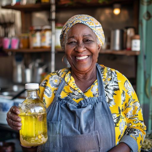 older woman wearing an apron holding a clean bottle of canola oil with a white lid, smiling, black woman, real looking, wearing a head scarf, warm imagine, epic shot --v 6.0