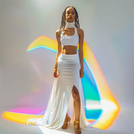 white halter satin backless top and white tight long skirt, model is young light skinned african american with medium length black neat dreadlocks, pretty soft face, wearing gold platform trendy shoes in studio shoot which is light with colorful back light --v 6.0