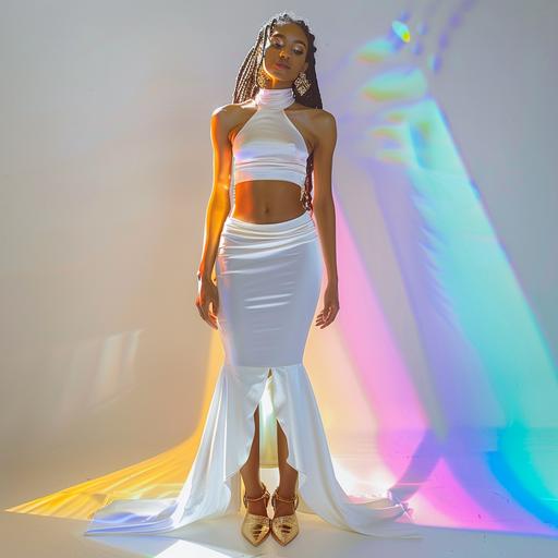 white halter satin backless top and white tight long skirt, model is young light skinned african american with medium length black neat dreadlocks, pretty soft face, wearing gold platform trendy shoes in studio shoot which is light with colorful back light --v 6.0