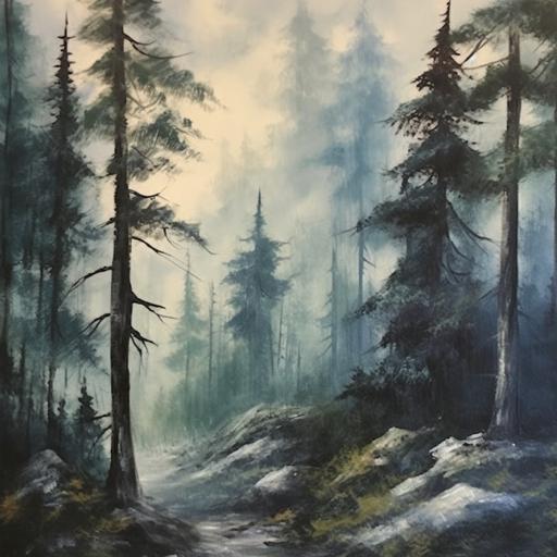 misty forest fog painting, rustic painting,landscape,mountains painting