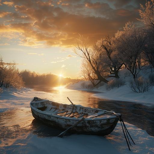 Imagine frozen winter snow river with old abandoned boat in a fantastic post apocalyptic atmosphere 4k realistic beautiful decor ice river with a sunset yellowed light beautiful light and shadow real style 4k post apocalyptic winter cold landscape