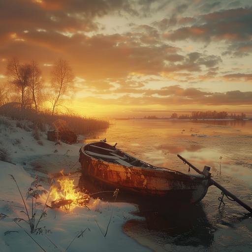 Imagine frozen winter snow river with old abandoned boat in a fantastic atmosphere post apocalyptic 4k realistic beautiful decor ice river with a sunset with campfire next to the overturned boat yellowed light beautiful light and shadow real style 4k post apocalyptic winter cold landscape sunset atmosphere anxiety