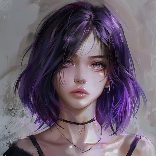 Imagine young woman medium long hair bob cut violated pale skin manga style gaming badass young woman black eyes fantasy style DnD hair purple manga anime --v 6.0