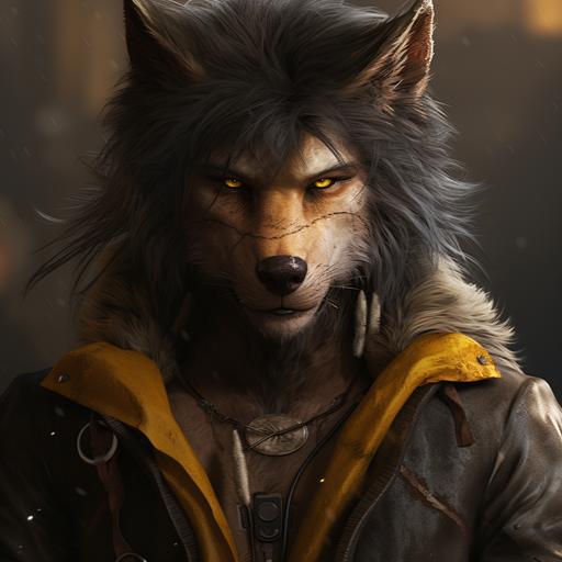 arrange image young man hydrid wolf ear wolf in handsome young man wolf style fantasy fantasy D&D game 4k realistic hd eyes wolf ear wolf face fine style post apocalyptic transformation young man beauty wolf handsome yellow eyes long dark gray hair