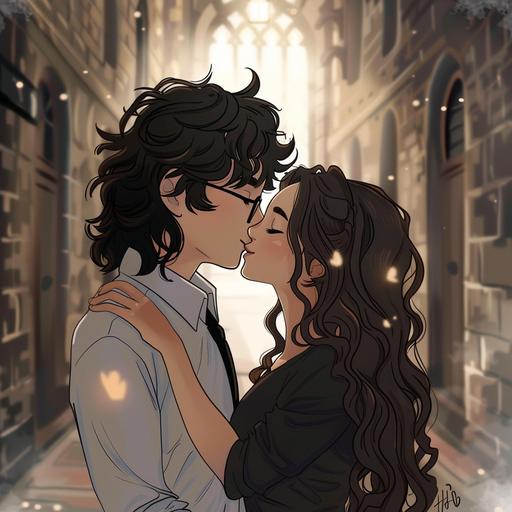imagine a young chibi style man with shoulder-length black hair in a white shirt kissing a woman with long curly brown hair in a witchy atmosphere Hogwarts drawing lines manga anime cute kiss rogue couple teenager and Hermione teenage couple manga anime cute drawing in a hallway Hogwarts world manga style Harry Potter manga chibi chibi anime cute