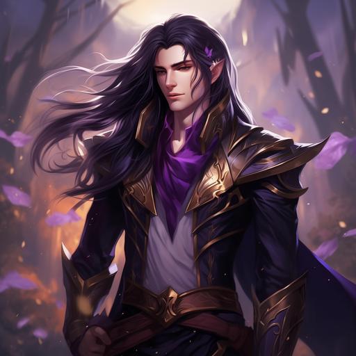 imagine a young man elf style fantasy fantastic young man long black hair and purple streak eyes amber color handsome young man elf fairy pointed ears freckle face sweet smile tooth vampire golden yellow eyes dnd style D&D gaming fantasy video game young man fairy long straight hair pointed ears adventure style fairy world manga anime purple velvet outfit cute men