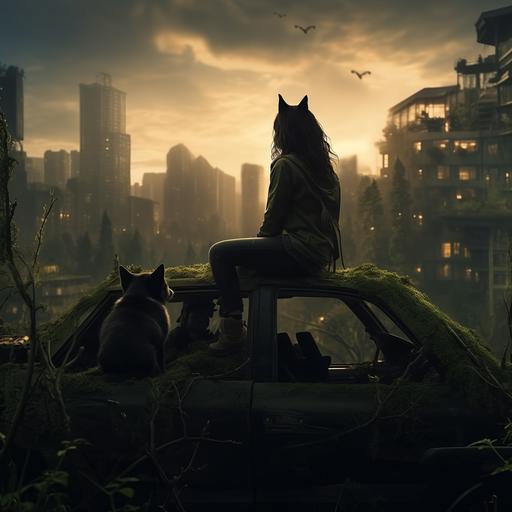 imagine young woman short black hair body slim silhouette young woman from behind sitting on dirty car full of moss with raccoon facing a city invaded by forest post apocalyptic atmosphere abandoned city full of greenery with an adventurous survivor realistic style 4k hd beautiful lights colors