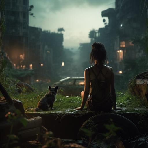 imagine young woman short black hair body slim silhouette young woman from behind sitting on dirty car full of moss with raccoon facing a city invaded by forest post apocalyptic atmosphere abandoned city full of greenery with an adventurous survivor realistic style 4k hd beautiful lights colors