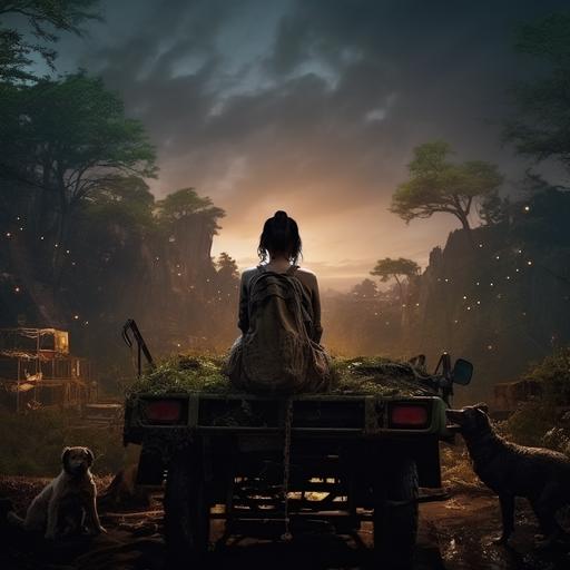 imagine young woman short black hair body slim silhouette young woman from behind sitting on dirty car full of moss with raccoon facing a city invaded by forest post apocalyptic atmosphere abandoned city full of greenery with an adventurous survivor realistic style 4k hd beautiful lights colors