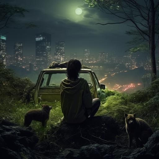 imagine young woman short black hair body slim silhouette young woman from behind sitting on dirty car full of moss with raccoon facing a city invaded by forest post apocalyptic atmosphere abandoned city full of greenery with an adventurous survivor realistic style 4k hd beautiful lights colors