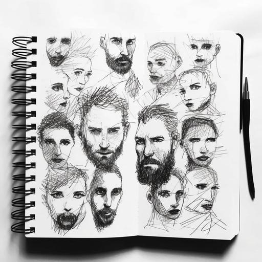 notebook sketch drawing pad black on white filled with face silhouettes realistic style plastic art open book filled style 4k reel artist abstract