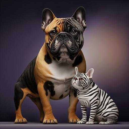 mixed breed dog, Rottweiler, French bulldog, collar, beside, cat, striped, mixed, chinchilla