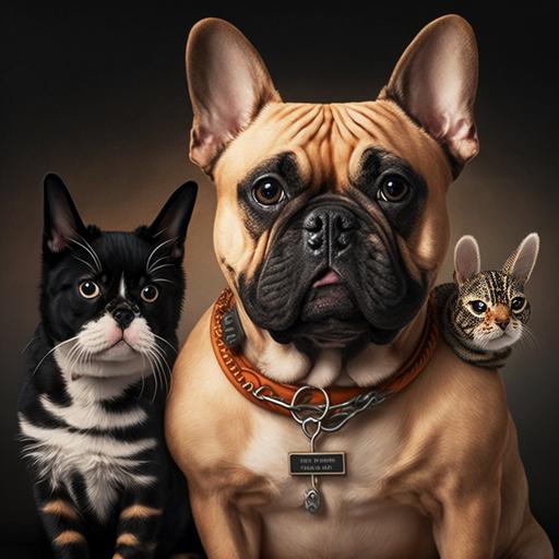 mixed breed dog, Rottweiler, French bulldog, collar, beside, cat, striped, mixed, chinchilla