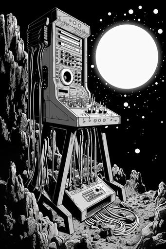 mixing table made of fungus, wool, wood, wire, tons of cables, connected to genderless humanoids by fungal tendrils, on an otherworldly planet, in the style of Moebius minimal logo 80s sc fi movie style, videodrome, linocut black and white flat bold vector style. art by mierAI --s 1000 --ar 2:3 --v 6.0 --sref
