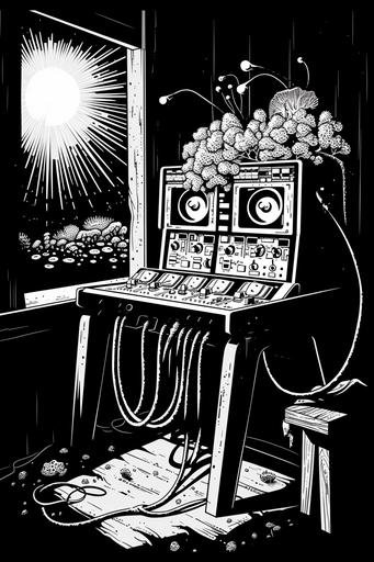 mixing table made of fungus, wool, wood, wire, tons of cables, connected to genderless humanoids by fungal tendrils, on an otherworldly planet, in the style of Moebius minimal logo 80s sc fi movie style, videodrome, linocut black and white flat bold vector style. art by mierAI --ar 2:3 --v 6.0 --sref