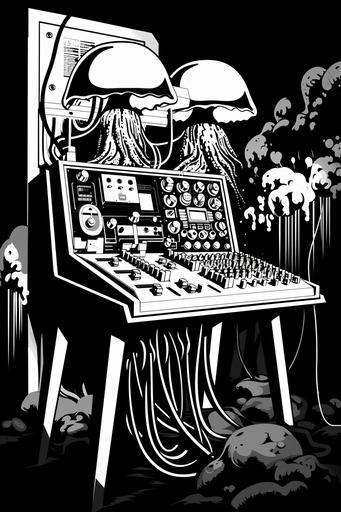 mixing table made of fungus, wool, wood, wire, tons of cables, connected to genderless humanoids by fungal tendrils, on an otherworldly planet, in the style of Moebius minimal logo 80s sc fi movie style, videodrome, linocut black and white flat bold vector style. art by mierAI --ar 2:3 --v 6.0 --sref