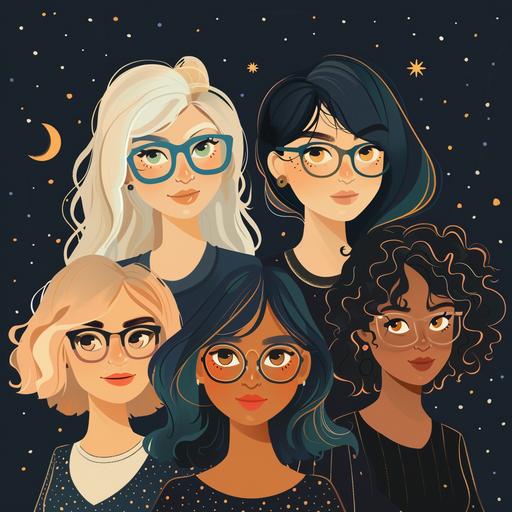 international women's day, company/startup in web3, blockchain vibe, web3 vibe, 5 girls working together, 1 is with a bob hairstyle color blue and blue glasses, 1 is blonde and smiley face middle length hair wavy, 1 is calm and grayish midlength hair, 1 is complete brunete with black bob hairstyle, 1 is brunette with curly hair and curly bangs and happy and white, women in tech, they all are different types and supporting each other, animated version like anime