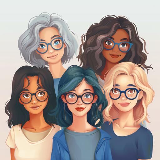 international women's day, company/startup in web3, blockchain vibe, web3 vibe, 5 girls working together, 1 is with a bob hairstyle color blue and blue glasses, 1 is blonde and smiley face middle length hair wavy, 1 is calm and grayish midlength hair, 1 is complete brunete with black bob hairstyle, 1 is brunette with curly hair and curly bangs and happy and white, women in tech, they all are different types and supporting each other, animated version like anime