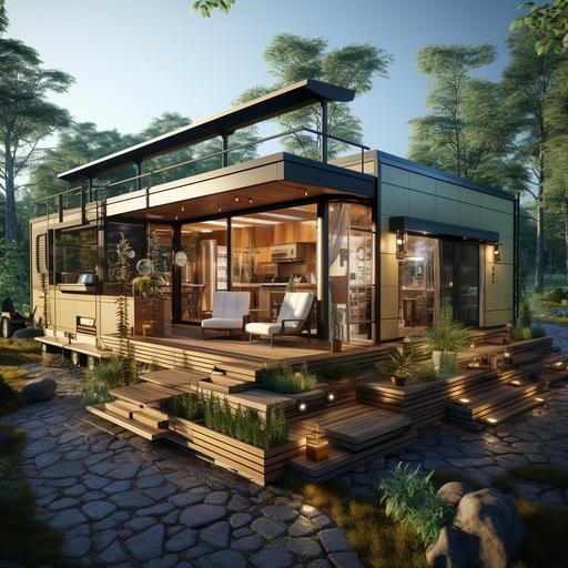 mobile house on wheels , small , mezzanine , modern , cozy , engilish style , in sunny weather , in nature , photo , realistic , 8k --s 750