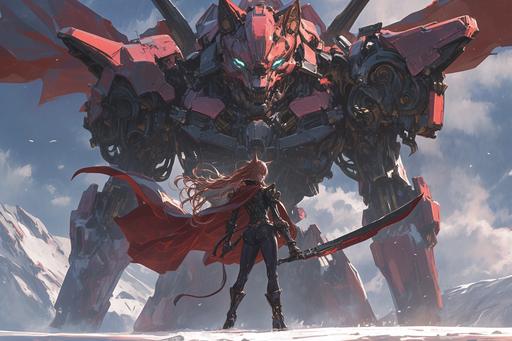 mobile suit gundam female vampire humanoid-cat standing, huge torso, huge torax, bodybuilder, anthropomorphic red cat vampire black-golden gloves, wearing mecha rococo red cape art deco clothing, as a summon in Final Fantasy, attacking, in battle, game style --ar 3:2 --stylize 750 --niji 6