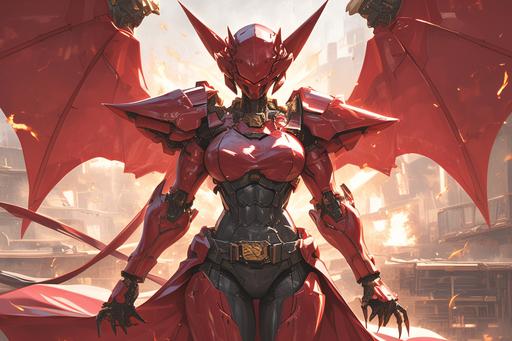 mobile suit gundam female vampire humanoid-cat standing, huge torso, huge torax, bodybuilder, anthropomorphic red cat vampire black-golden gloves, wearing mecha rococo red cape art deco clothing, as a summon in Final Fantasy, attacking, in battle, game style --ar 3:2 --stylize 750 --niji 6