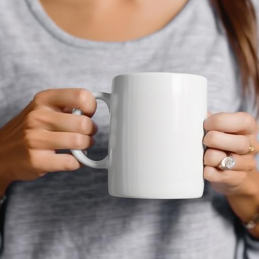 mockup empty, a closeup highres professional mockup photo of white 11oz coffee mug being held up by beautiful hand, facing camera, full view of tshirts --style raw