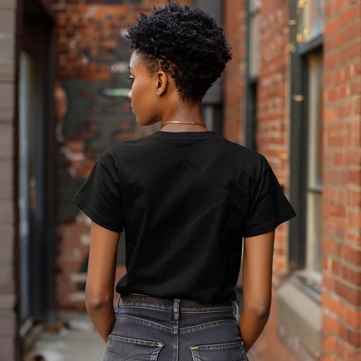mockup of black woman, short pixie cut hairstyle resembling Tamron Hall, in black color bella canvas tshirt, back of shirt, --v 6.0