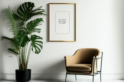 mockup of empty frame displayed inside room interior with white wall background and monstera plant pot nearby and a light brown lawson chair --ar 3:2 --v 4