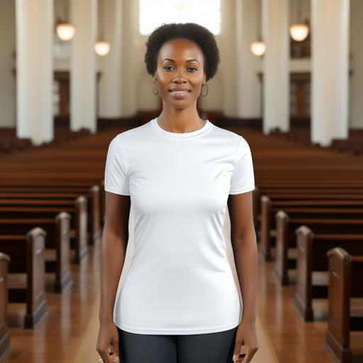 model mockup for a mature African American female pastor wearing a blank white t-shirt with no design, background is the church choir stand
